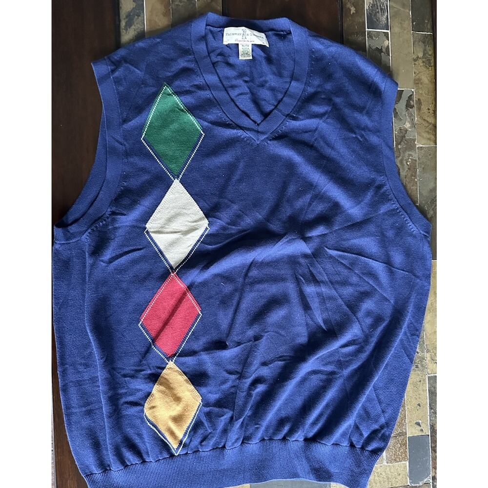 Fairway & Greene V-Neck Vest Extra Large Argyle Mens 100% Pima Cotton Golf Navy